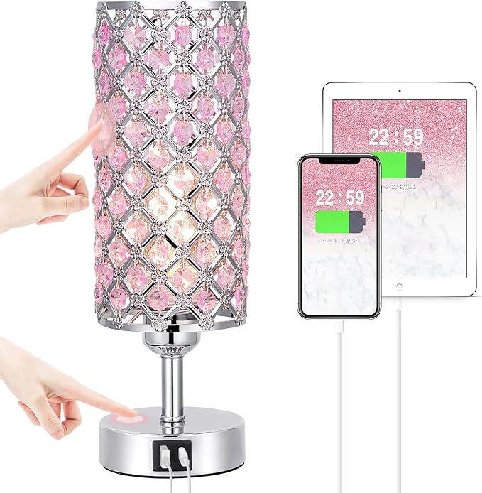 Hong-in Crystal Table Lamp, Pink Touch Lamp with USB C+A Ports, 3 Way Dimmable Bedroom Light with Crystal Shade, Bedside Nightstand Small Lamp for Girl Bedroom, Living Room(Buld Included)
