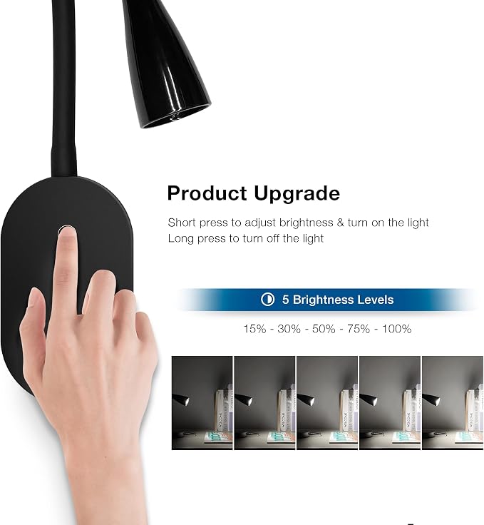 Wall Reading Light, Book Light for Reading in Bed, Touch Control USB Output Modern Reading Lamp,5 Dimmable LED Flexible Gooseneck 4000k Bed Lights, Easy to Install Black | Focused bedside light with touch dimming, flexible gooseneck, USB charging and a...