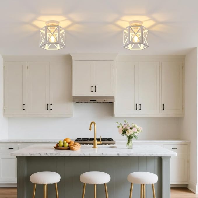 XSDeTu 2 Pack White Semi Flush Mount Ceiling Light, Modern Hallway Light Fixture, Vintage Metal Hexagonal Ceiling Lamp for Kitchen Entryway Porch
