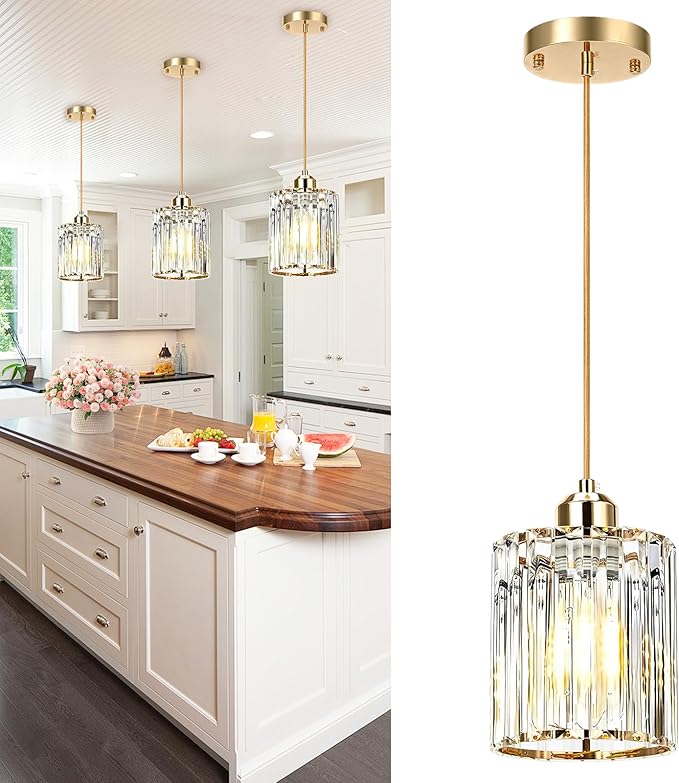1 Pack Pendant Lights Kitchen Island, Elegant Modern Island Lights for Kitchen with Crystal Glass – Luxury Kitchen Hanging Light for Kitchen Island, Dining Table, Entryway, Restaurant