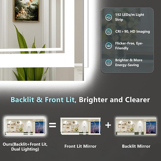88x38 LED Bathroom Mirror, Backlit & Front Lit Lighted Mirror | Anti-Fog Vanity Mirror with Lights, 3 Color Dimmable, Memory, Shatterproof, Tempered Glass, CRI95, UL Listed, Wall Mounted