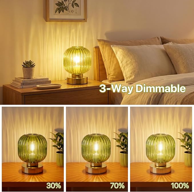 Elenhome Green Touch Glass Table Lamp Set of 2, 3-Way Dimmable Bedside Lamps, Vintage Mid-Century Modern Nightstand Lamps for Bedroom and Living Room, Ambient Mood Lighting, LED Bulb Included