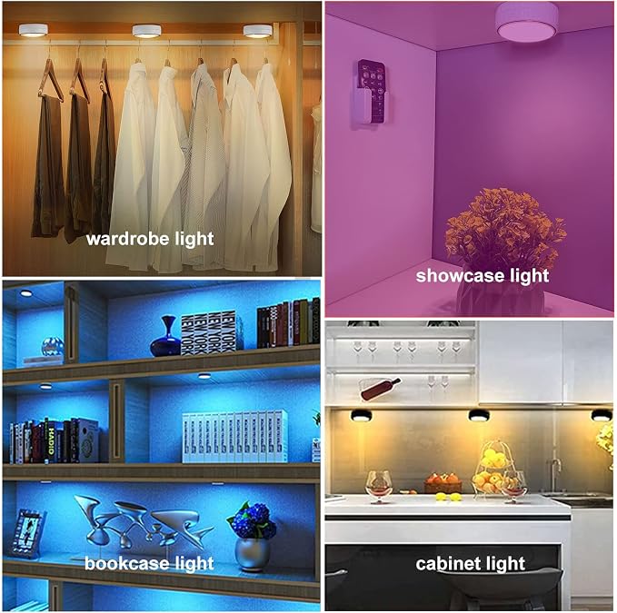 Onumii LED Puck Lights with Remote Control, Battery Operated Under Cabinet Lighting, Wireless Stick-On Color Changing Timer Lights for Kitchen Cabinets, Closets, Shelves - 2 Pack, White