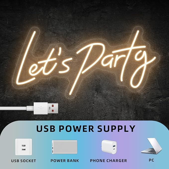 Lets Party Neon Sign for Party Wall Decor, 16.5x8.4 inch Compact Neon Party Decorations LED Glow Lights Supplies Accessories, Warm White
