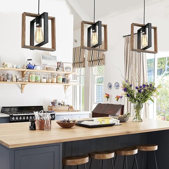 Black Pendant Lighting Modern Pendant Light, Adjustable Pendant Light Fixture,Pendant Lights Kitchen IslandLight (2 Packs Wood+Metal Pendant Light)