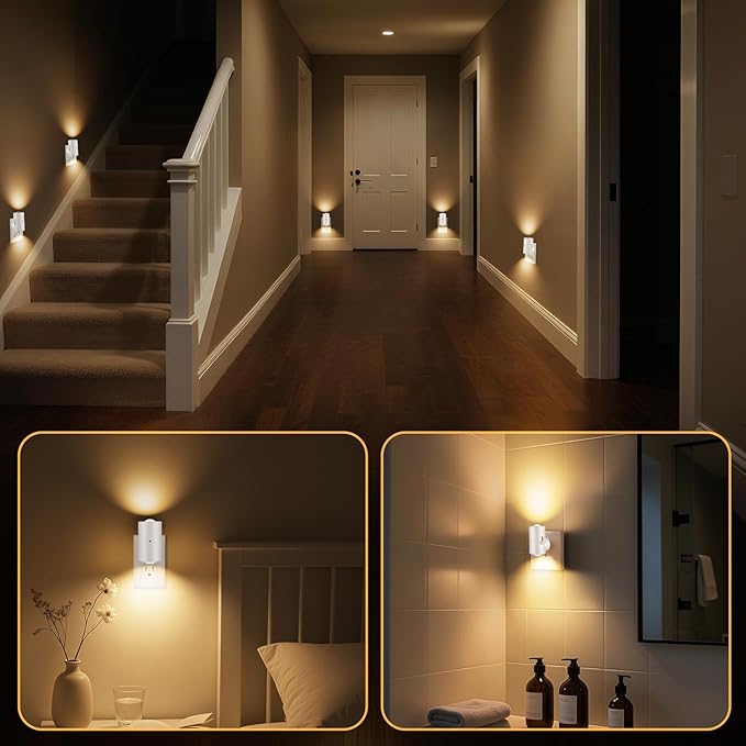 Dimmable LED Night Lights Plug into Wall, Rotatable Plug-in Night Light, Dusk to Dawn Sensor, Adjustable Brightness 0-200Lm,3000K Soft White,for Bedroom, Hallway, Stairway, 4 Pack