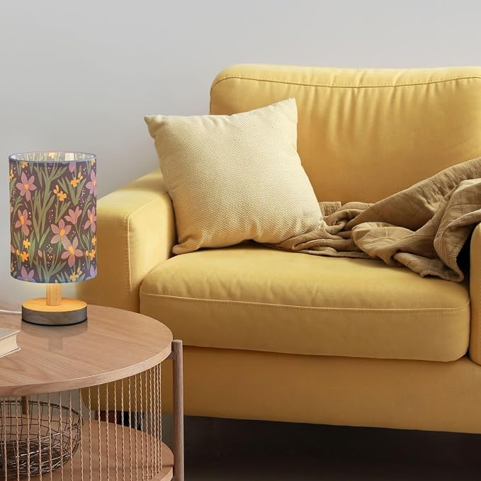 Purple Irises Flowers Yellow Daffodils Floral Bedside Table Lamps with USB Port for Bedroom Lamp Small Nightstand Lamp Sturdy Linen Shade Wooden Decorative Lamps for Living Room Home Dorm Kids