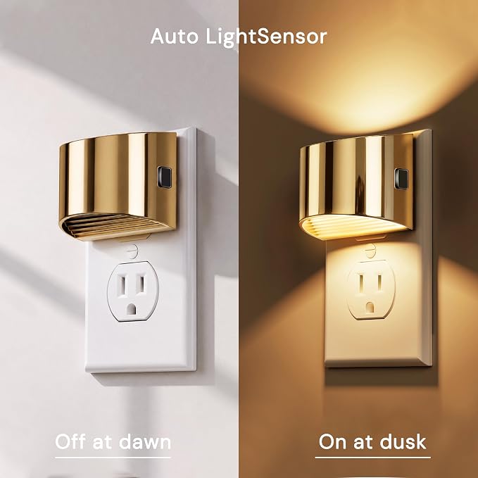 L LOHAS LED Night Lights Plug into Wall, Dimmable Night Light 2 Pack | Plug in Night Light with 3 Level Brightness, 3000K Soft White, Gold Housing