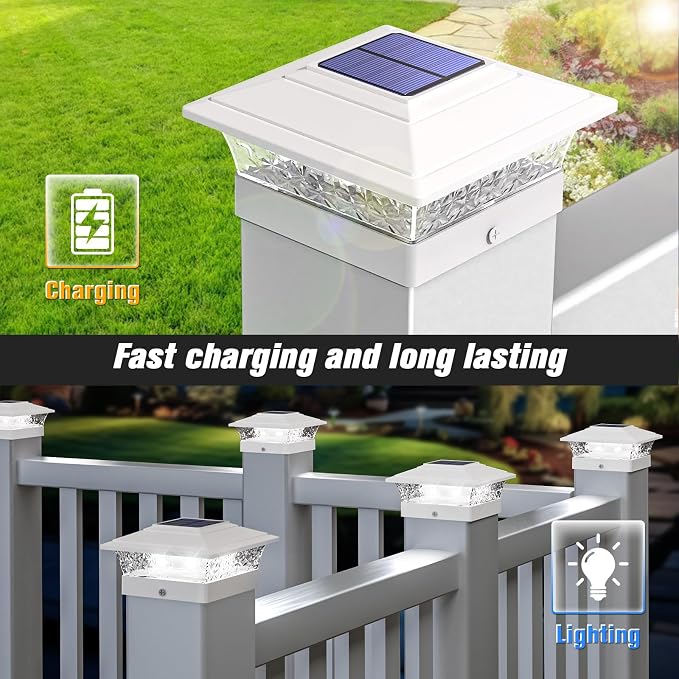 Solar Post Cap Lights Outdoor 6pack, Waterproof Fence Post Lights with 16 Ultra Bright LEDs Fit 4x4/5x5/6x6 Wood/Vinyl Posts, White Deck Post Lights with Warm/Cool White for Garden, Patio, Porch, Yard