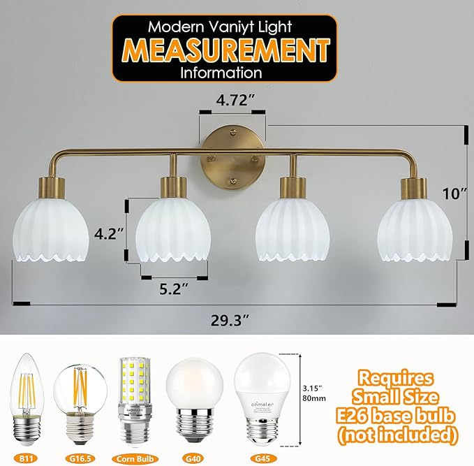 Brushed Gold 4-Light Vanlity Light Over Mirror,Wall Sconces,Gold Brass Bathroom Light Fixture with Milk White Glass Flower Shade,E26(Bulbs Not Included)