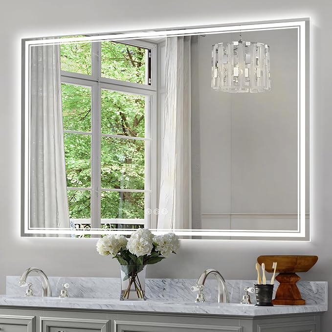 Ratsamee 48x30 Inch LED Bathroom Mirror with Frontlit & Backlit, Lighted Mirror for Bathroom Wall with 3-Color Dimmable & Anti-Fog, Vanity Mirror with Lights