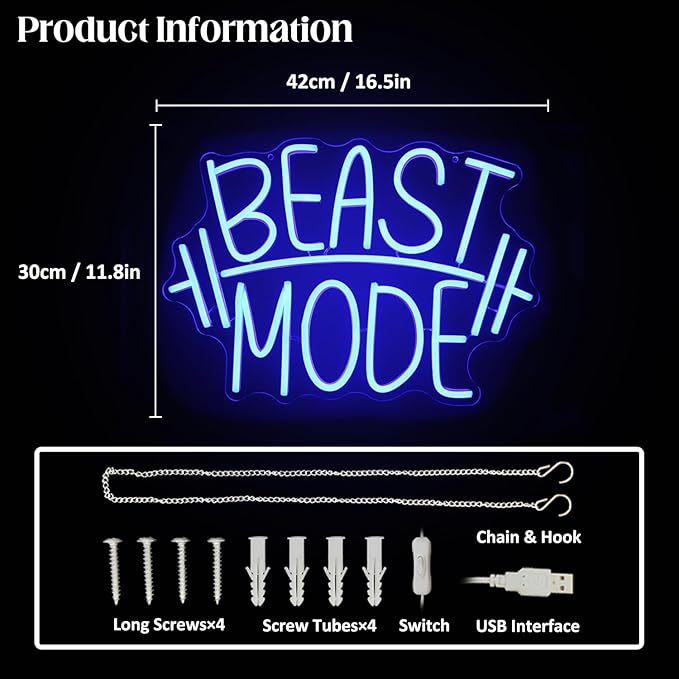 Beast Mode Neon Sign Blue Letter Neon Gym Signs Motivational Wall Art Gym Decor Barbell LED Neon Lights Signs Dumbbell Neon Light for Bedroom Gym Sports Room Man Cave Decor