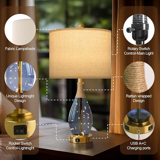 23" Table Lamps for Living Room Set of 2 Bedside Lamps for Night Stands Bedroom Lamps Farmhouse Rattan Boho Lamp Glass Nightlight End Table Lamp with USB C+A (Blue),Two Light Points