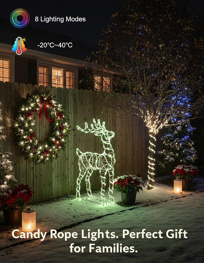 Halloween Candy Cane Lights, Tree Light, 33ft 100 LEDs Solar Rope Lights Outdoor, 8 Lighting Modes Solar Powered String Lights for Christmas Decor, Camping Canopy, Tent Decor, Green White
