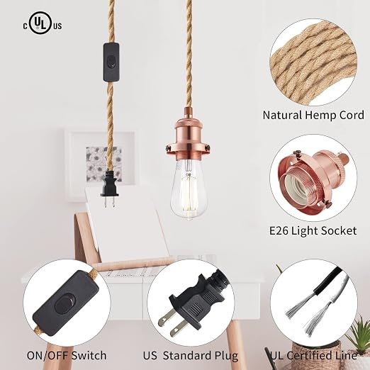 15.4ft Pendant Light Cord Kit, Industrial Vintage Plug in E26 Socket Hanging Light with Switch, Hemp Rope Hanging Light Fixture for Pendant Lamp Farmhouse Lamp Cable DIY