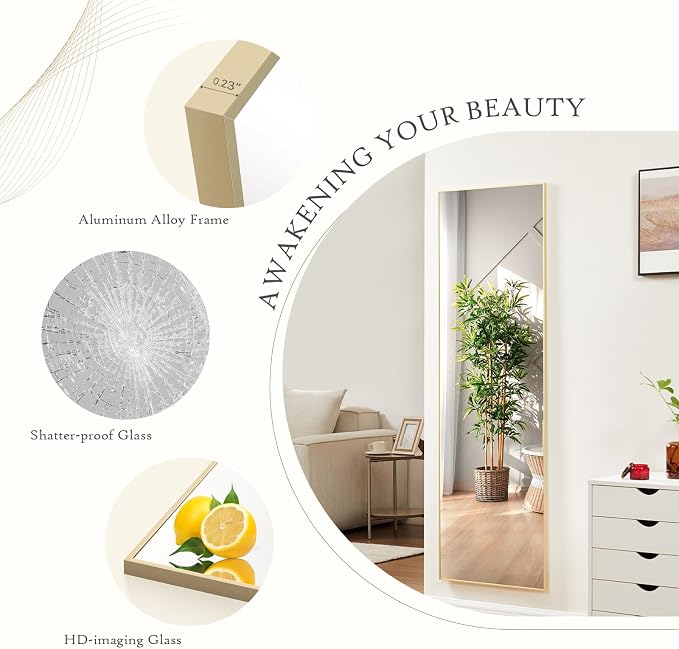 Full Length Floor Mirror, 21"x64" Body Wall Mirror with Stand | Shatter-Proof Nano Glass, Tall Standing, Hanging or Leaning, Aluminum Alloy Frame for Bedroom, Modern Home Decor, Gold