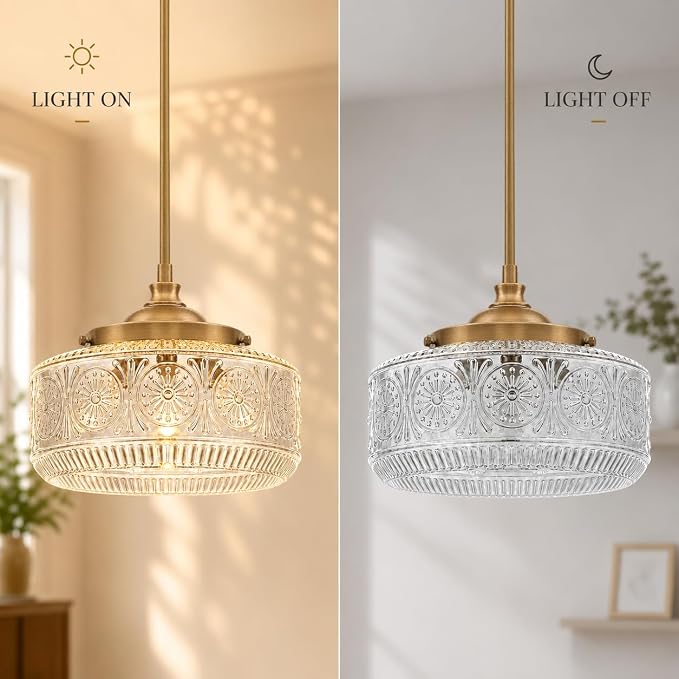 3-Light Vintage Gold Pendant Lights Kitchen Island with Clear Glass, Adjustable Pendant Lighting for Kitchen Island Pendant Light Convertible Ceiling Mount Or Hanging Fixture for Hallway Bathroom
