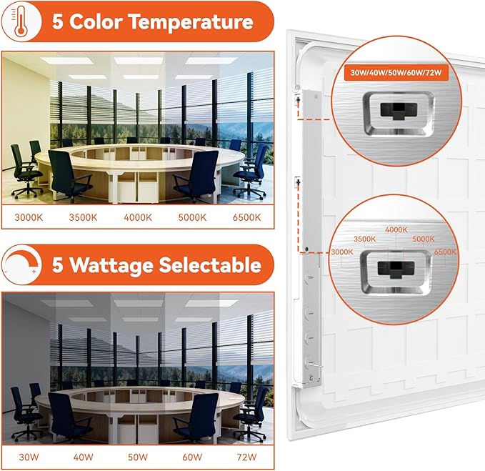 OKQ 2x4 LED Flat Panel Light Drop Ceiling Office Shop Commercial Warehouse Fixture, 5 CCT 3000K-6500K Adjustable & 5 Wattage Selectable,6000Lm 0-10V Dimmable, ETL Listed (4Pack)