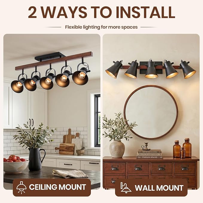 5-Light Track Lighting Fixture Ceiling, Industrial Black Semi Flush Mount Ceiling Light with Rotatable Spotlights, Farmhouse Wood Grain Metal Kitchen Lighting for Living Room Dining Room Hallway