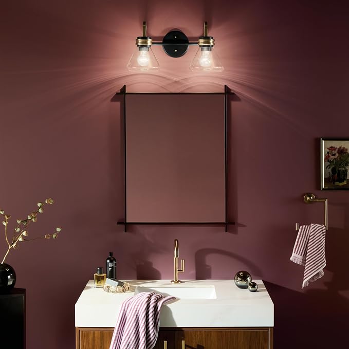Kichler Farum 2-Light Bathroom Vanity Light, Black | Modern vanity light with clear glass for bathroom mirrors and powder rooms (19.25" x 9.5"), 55154BKCLR