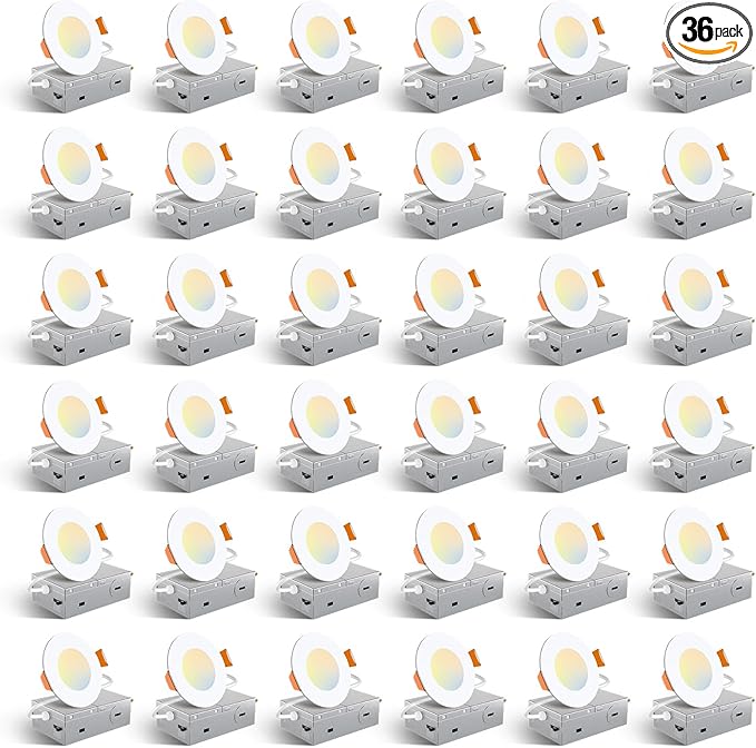 Amico 36 Pack 3 Inch 5CCT Ultra-Thin LED Recessed Ceiling Light with Junction Box, 2700K/3000K/3500K/4000K/5000K Selectable, 7W Eqv 60W, Dimmable Canless Wafer Downlight, 500LM High Brightness -ETL