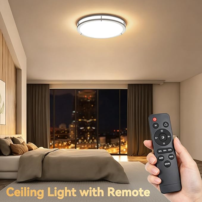 LED Ceiling Light with Remote 12 Inch Flush Mount Ceiling Light Fixture, 18W 3000K-6000K Adjustable Color Temperature, Dimmable Lighting Fixtures for Kitchen Bedroom Hardwired Installation