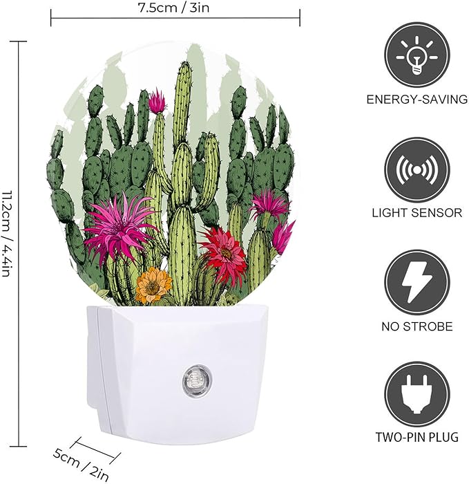 Round LED Night Light,Green Flowers Cactus Plants LED Night Light Plug into Wall with Dusk to Dawn Light Sensor White Energy Efficient Nightlight for Bedroom Hallway Living Room Kitchen