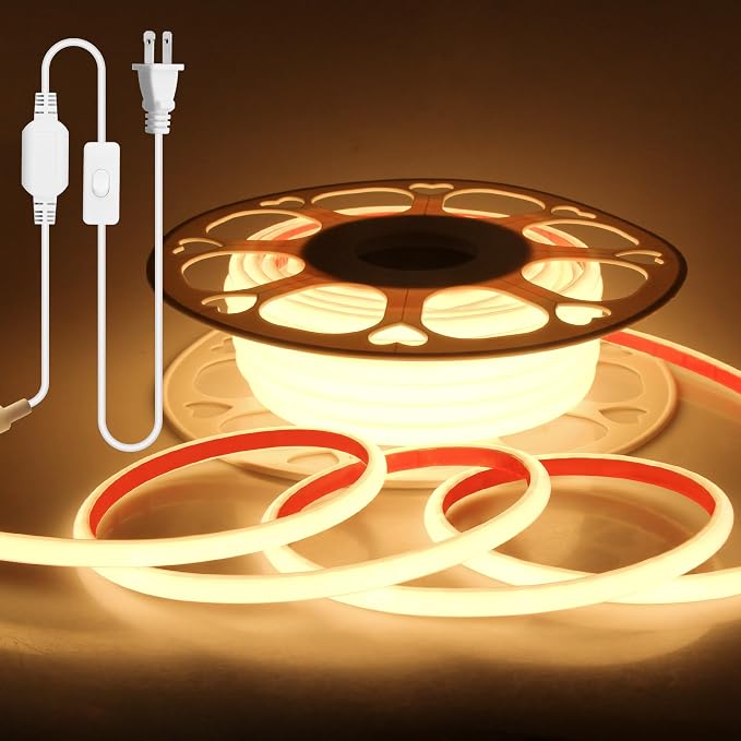 Aclorol 120V COB LED Strip Lights Warm White 3000K Flexible LED Lights 50FT | Outdoor Rope Lights Waterproof IP67, with ON-OFF Switch and Self-Adhesive, for Bedroom Backyard Patio Commercial Decoration