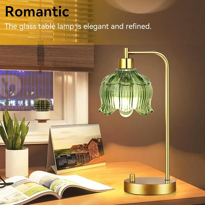 ILLMTW Glass Table Lamp Set of 2,Small Gold Bedside Lamps Dimmable Boho Bedroom Lamp with Tulip Flower Green Lamp Shade,Vintage Mid Century Modern Mini Nightstand Lamp for Bedroom Living Room