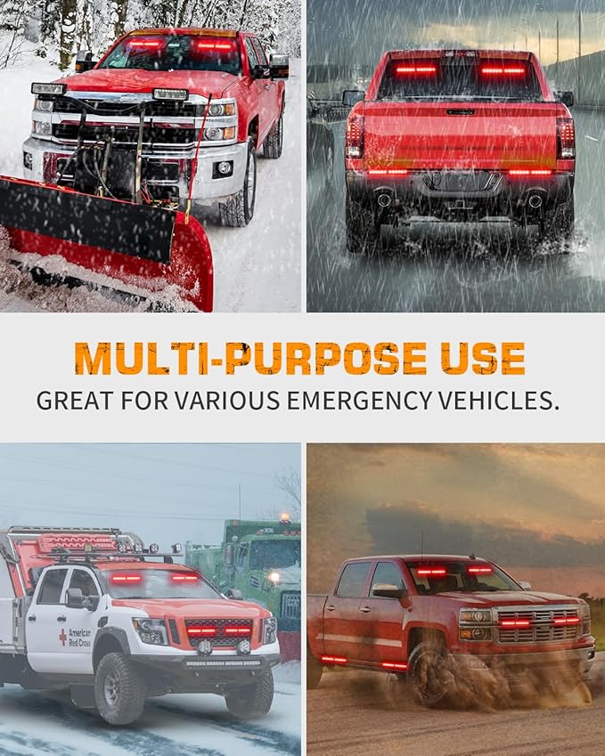 XRIDONSEN 2x 10.7 inch Red Emergency Lights 24 LED Strobe Light Bar Warning Flashing Safety Dash Side Window Front/Rear windshield Lights Traffic Advisor for Firefighter Police Vehicles Fire Trucks