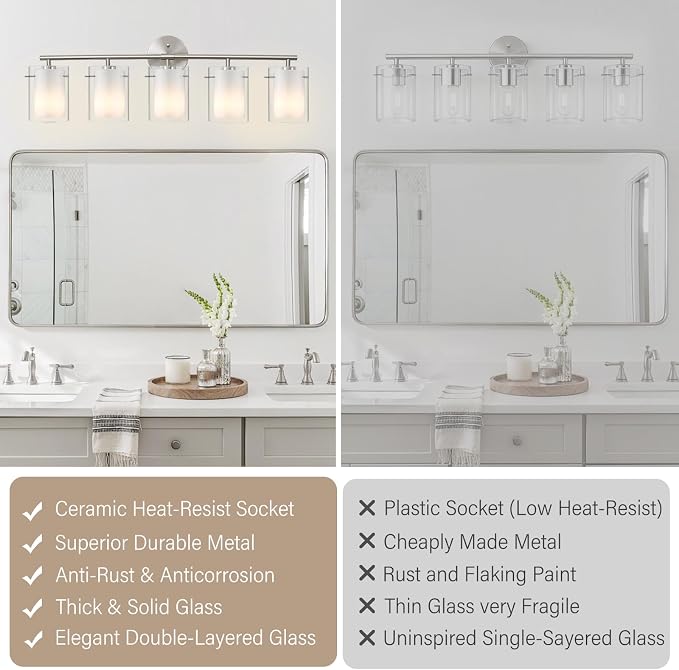 Brushed Nickel Bathroom Light Fixtures Over Mirror, 5-Light 33-Inch Vanity Lights with Dual Glass Shades, Eye-Friendly Modern Vanity Lights for Bathroom Bedroom Living Room Hallway