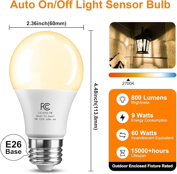 TJOY Dusk to Dawn Light Bulb Outdoor, Light Sensor, Automatic On/Off, 2700K | Photocell A19 LED Bulb for Outdoor Porch Lighting, 60W Equivalent, Energy Efficient 9W, Soft White, E26 Base, 4 Pack