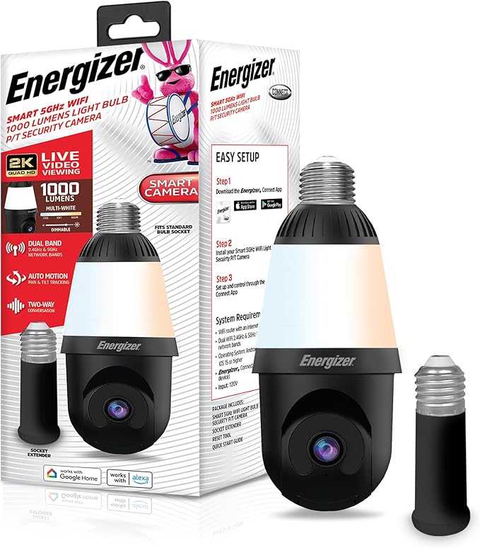 Energizer Smart 2K Light Bulb Security Camera, 1000 Lumens LED Light, 5G&2.4G Wi-Fi Outdoor Socket Camera, Pan Tilt Auto Tracking, (Black, App Enabled Smart Detections)
