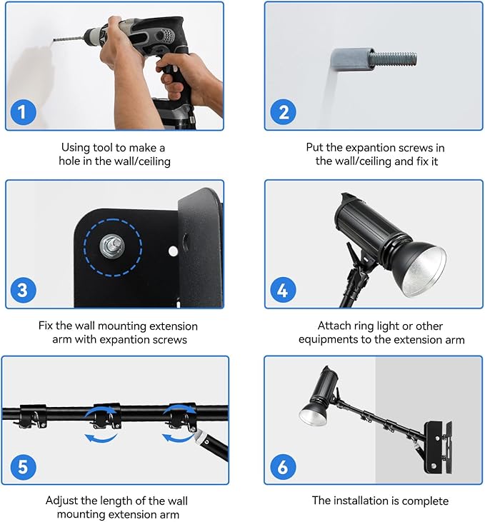 Takerers Ring Light Wall Mount, 3.6ft /43 inch Wall Ring Light Mount,180º Flexible Rotation, Triangle Boom Arm with 3/8 & 1/4 Screw for Photography Light, Monolight, Softbox, Umbrella, Reflector