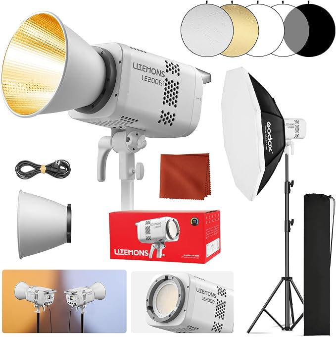 Godox Litemons LE200Bi Bi-Color LED Video Light Kit with Softbox Light Stand Reflector CRI 98+, 2800K-6500K, 57700 Lux Output, DMX/App Control for Studios Ultra Quiet for Content Creation