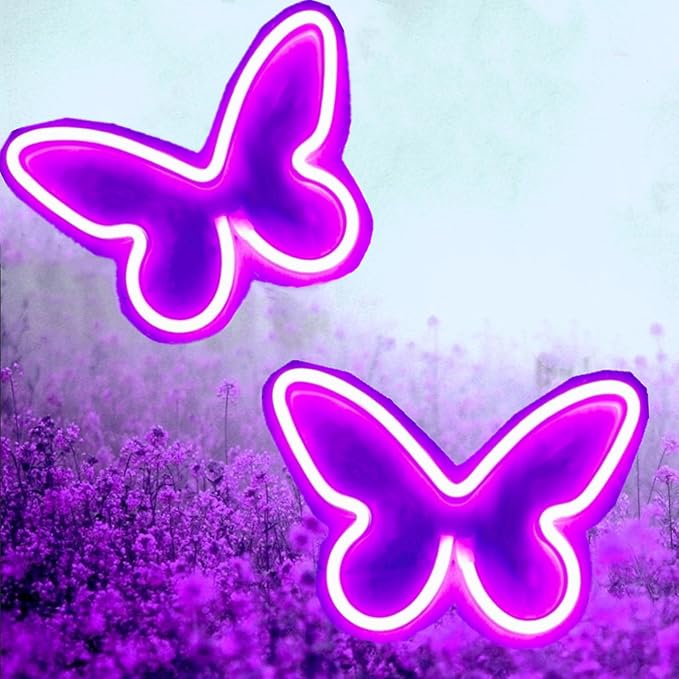 Neon Butterfly Signs 2 Pieces Purple, LED Lights for Wall Office Dorm Wedding Birthday Party Room Decor, Teen Girls Decorations, USB or 3-AA Battery Powered