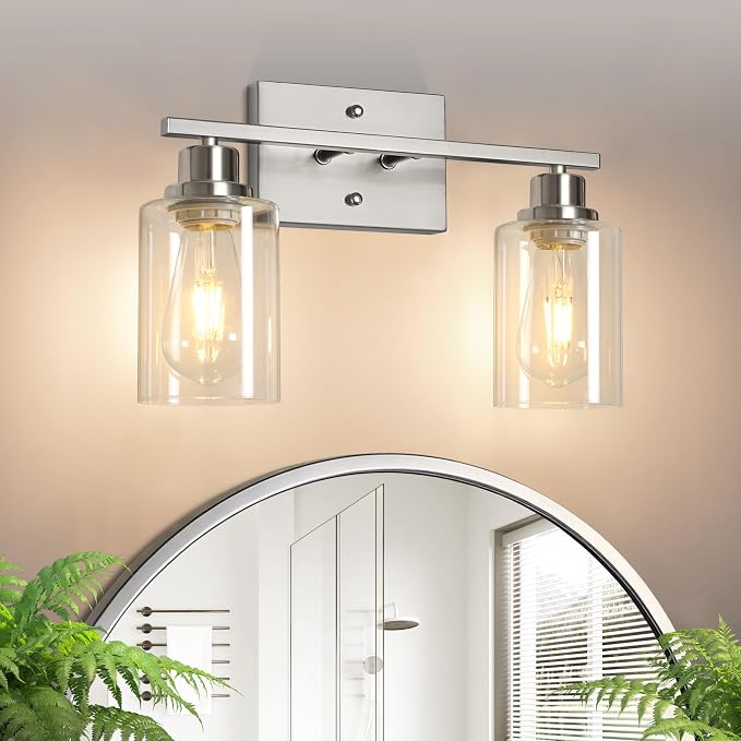 Ascher Bathroom Light Fixtures, 2-Light Vanity Light Over Mirror, Brushed Nickel Wall Sconces with Clear Glass Shades, Wall Lamp for Living Room Bedroom, E26 Base(Bulbs Not Included)