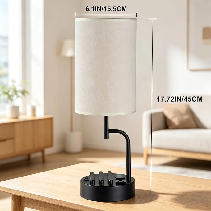 Dreamholder 2 Pack Table Lamp, Bedside Lamp with 3 USB Charging Ports & AC Outlet, USB Desk Lamp with 2 Phone Holders, Linen Fabric Shade Nightstand Lamps for Bedroom Living Room Office, Black