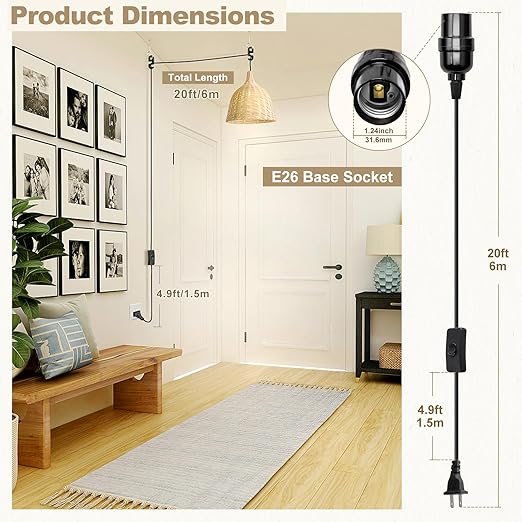 DiCUNO Hanging Lantern Extension Cord Cable, E26 Pendant Light Socket On Off Inline Cord Switch Control Lamp, Switch Close to Polarized Plug, 20 Feet (6M), Black, 2-Pack