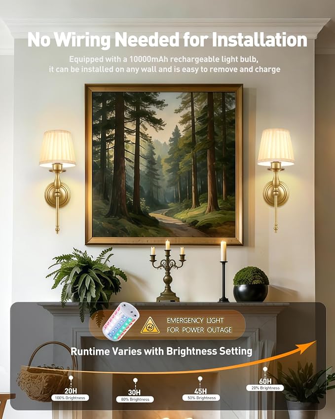 10000mAh Battery Operated Wall Sconce Set of 2,Rechargeable Wall Sconces set of Two,Vintage Gold Sconces Wall Decor,Wireless Wall Lamp,Cordless Wall Lights Living Room Bedroom (Not Peel and Stick on)