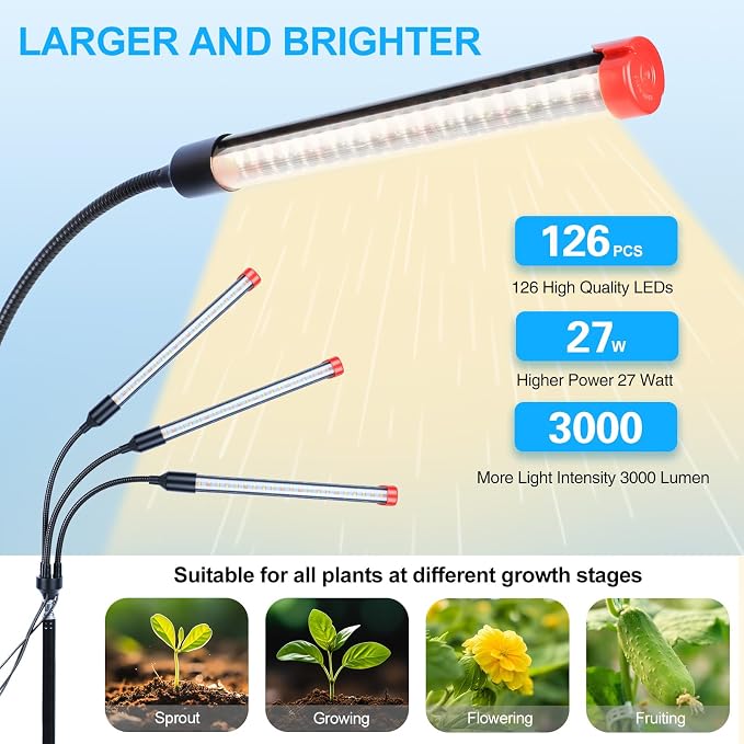 3Head Grow Light with Stand, 5-Mode Timer 4/8/12/16/20H, 27 Watt Power Home Plug LED Grow Lights for Indoor Plants for Tall Houseplants, Bonsai Tree, Seed Starting, 24"-64" Adjustable Height