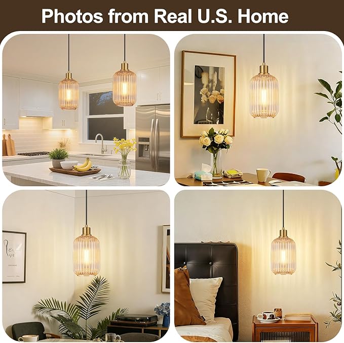 1 Pack Pendant Lights with Vintage Amber Ribbed Glass Lampshade, Adjustable Brushed Gold Pendant Lights Fixtures for Kitchen Island Lighting Sink, Dining & Living Room Hallway (Bulbs Not Included)