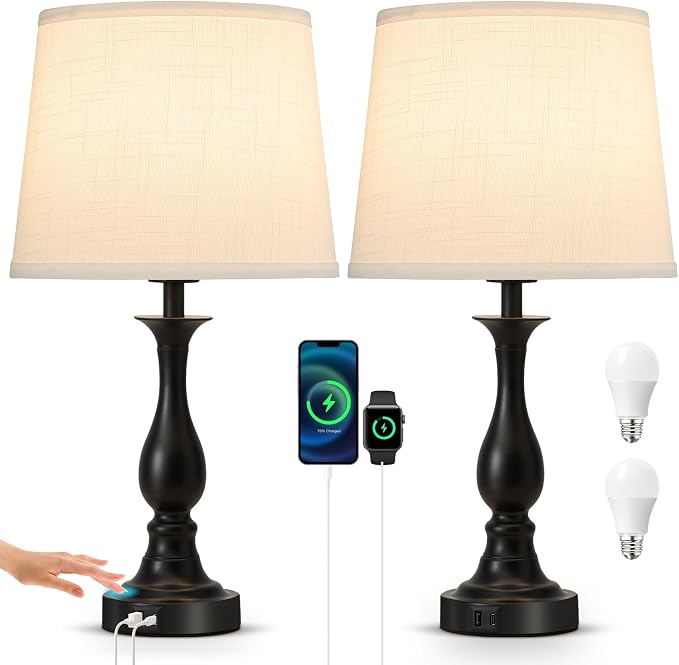 Bedside Table Lamp Touch Control Bedroom Lamps with USB A + C Charging Port 3 Way Dimmable Touch Lamps for Nightstand Living Room Bedroom Dorm Home Office Reading, Set of 2 (White Shade & Black Base)