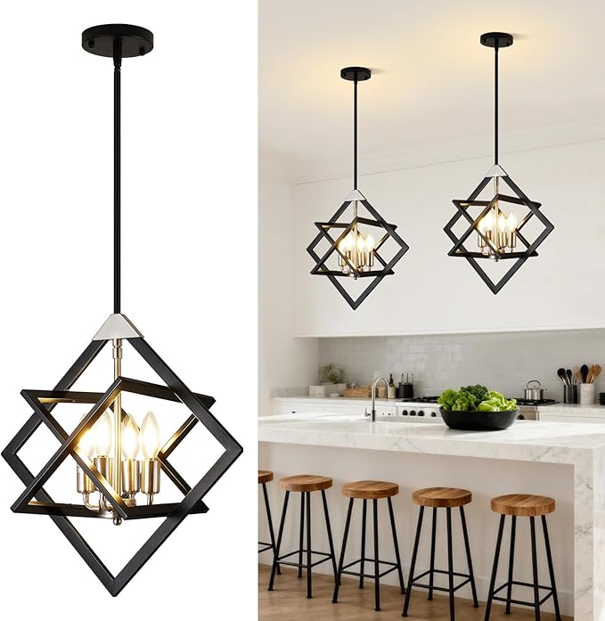 18" Modern Pendant Lights Kitchen Island, 4-Light Black + Brushed Nickel Farmhouse Pendant Light Fixtures, Industrial Hanging Pendant Lights for Kitchen Island Dining Room Hallway Foyer Entryway