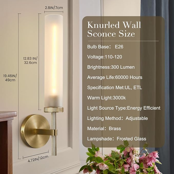 Brass Hardwired Frosted Glass Bathroom Wall Sconces 2 Pack, Modern 20'' Indoor Knurled Wall Sconce, Glass Vanity Light, for Living, Bedroom, Hallway, Staircases,Bulb Included