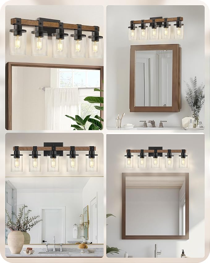 5-Light Bathroom Light Fixture, Farmhouse Vanity Lights for Bathroom with Glass Shade, Rustic Bathroom Light Fixtures, E26 Base F10BD05W1