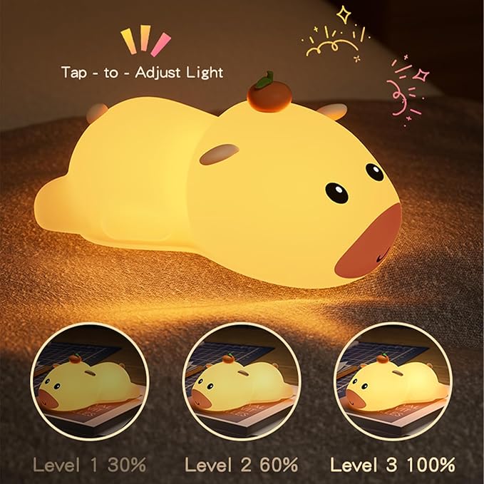 Night Light for Kids, Cute Capybara Silicone Night Light, 3 Brightness Levels Dimmable Lamp, Bedside Nursery Lamp with Timer, Squishy Rechargeable Animal Nightlight for Boys Girls Room Decor (Orange)