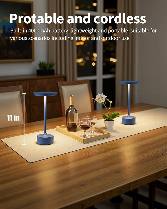 PUSU Rechargeable Table Lamps Set of 2, Blue Cordless Portable Desk Lamp | 4000mAh Battery, Stepless Dimming & 3 Color 2700K-6000K, LED Lamp for Bedroom, Living Room, Restaurant, Outdoor, Night Light