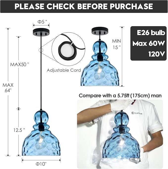 Coastal Pendant Light Blue Hammered Glass Kitchen Island Lights 10in Large Pendant Hanging Light for Dining Room Kitchen Sink Hallway Entrance, E26
