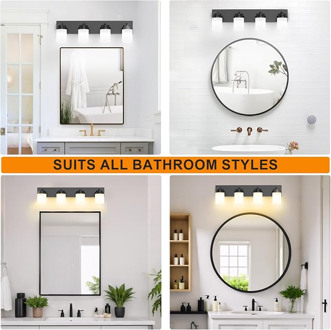 IZORRO Bathroom Vanity Light Fixture, 4-Light 30 Inch Matte Black Bathroom Light Fixtures Over Mirror, with White Glass Shade, Modern Farmhouse Vanity Lights, Rustic Restroom Lighting Fixtures